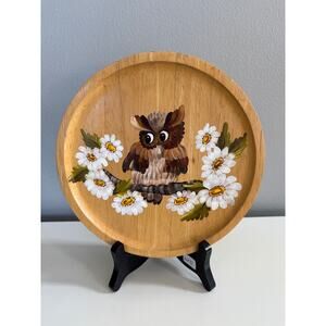 Vtg Dolphin Teakwood Hand Painted Owl Wood Plate